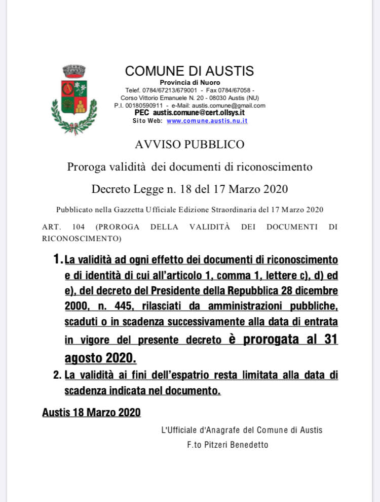 PROROGA VALIDITÀ DEI DOCUMENTI DI RICONOSCIMENTO DECRETO LEGGE N. 18 DEL 17 MARZO 2020